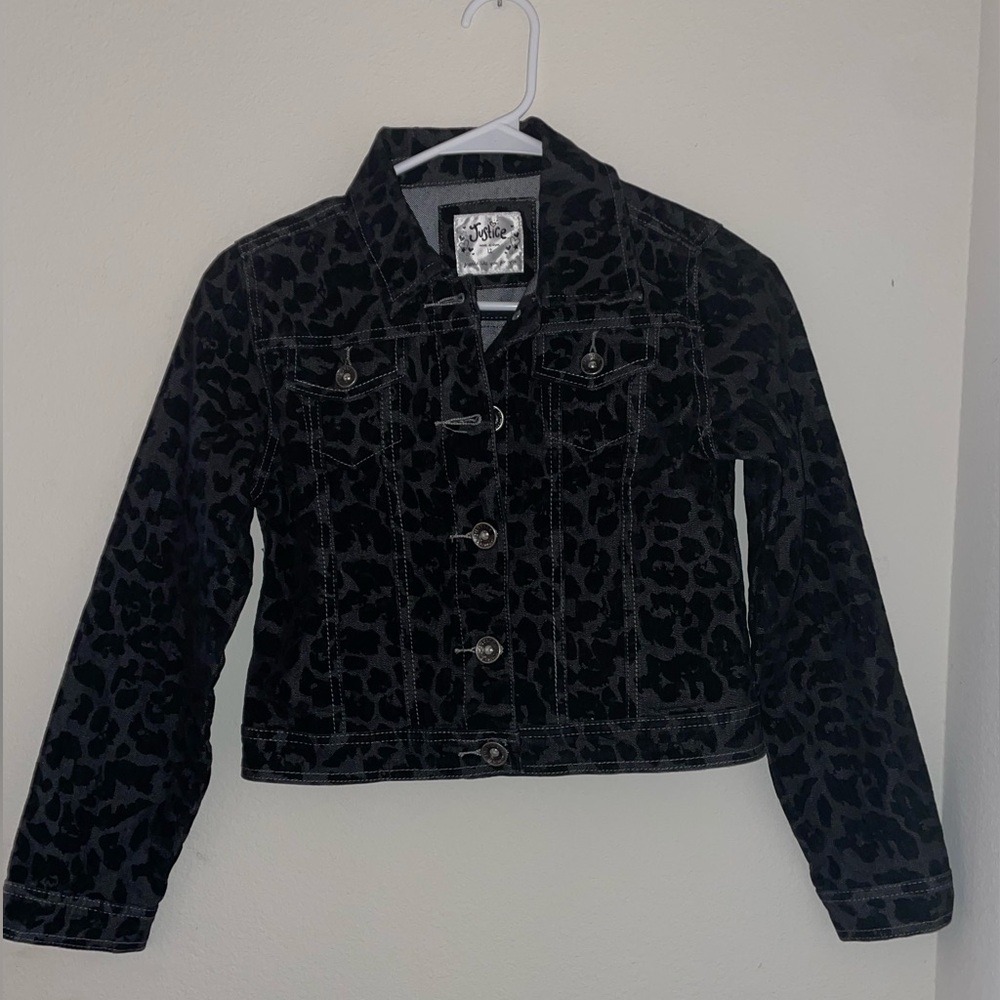 Justice Premium Girls Button Up Black Jean Denim Jacket Leopard Print Size 12
